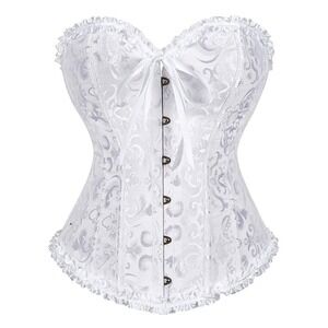 White Corset Bustier Lace Trim Ribbon Tie Boned Cincher Wtchycore Size Large